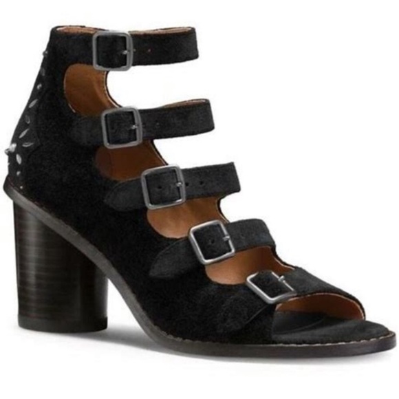 NEW Coach Buckle Rivet Strappy Suede Peep Toe Ankle Strap Heels Sandals 6.5 - Picture 1 of 14